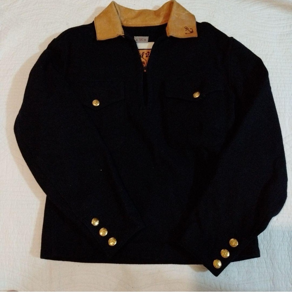 Kapital Miliary Navy Shirt Jacket with Tan Collar and Gold Buttons